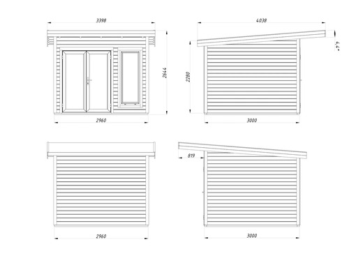 Technische Zeichnung eines Gartenhauses mit Maßangaben.