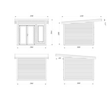 Technische Zeichnung eines Gerätehauses mit Maßen.
