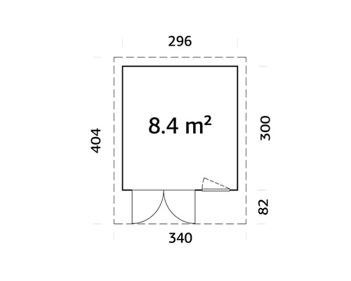 Grundriss mit Abmessungen: 296 x 404 Zentimeter, Fläche 8,4 Quadratmeter