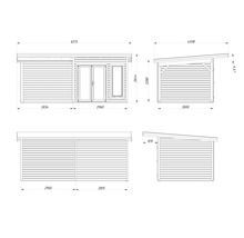 Technische Zeichnung eines Gartenhauses mit Maßangaben.