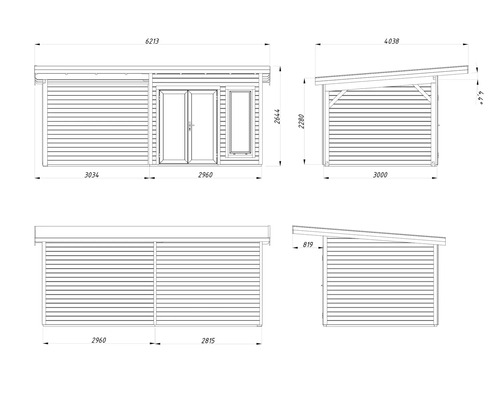 Technische Zeichnung eines Gartenhauses mit Maßangaben.