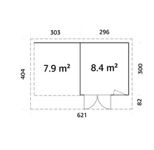 Grundrisszeichnung eines Gartenhauses mit Maßangaben