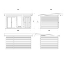 Technische Zeichnung eines Gartenhauses mit Maßangaben