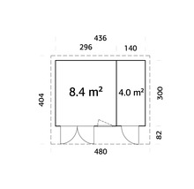 Grundrisszeichnung eines Gartenhauses mit Größenangaben in Meter