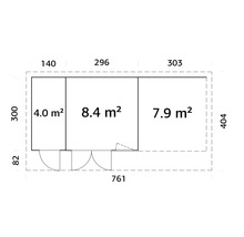 Grundrisszeichnung eines Gartenhauses mit Abmessungen.