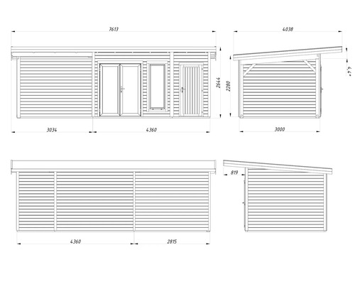 Technische Zeichnung eines Gartenhauses mit Maßangaben