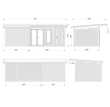 Technische Zeichnung eines Gartenhauses mit Maßen.