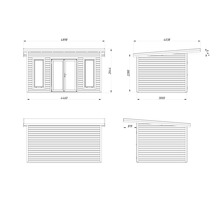 Technische Zeichnung eines Gartenhauses mit Maßangaben.