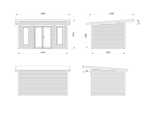 Technische Zeichnung eines Gartenhauses mit Maßen