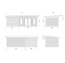 Technische Zeichnung eines Gartenhauses mit Maßangaben.