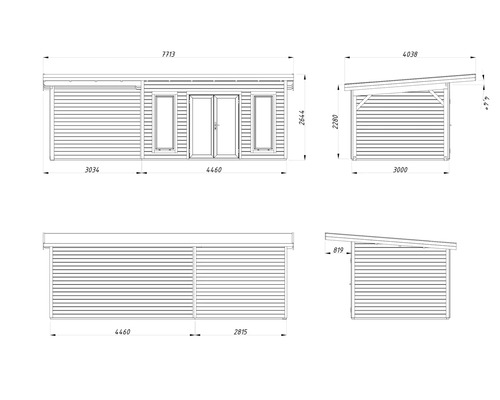 Technische Zeichnung eines Gartenhauses mit Maßangaben.