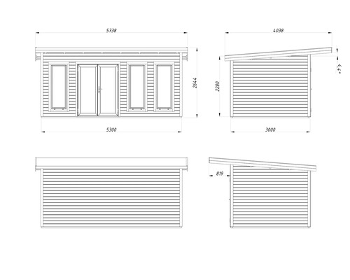Technische Zeichnung eines Gartenhauses mit Maßangaben.