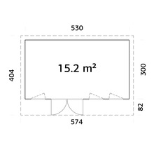 Grundrisszeichnung eines Gartenhauses mit Maßangaben und einer Fläche von 15,2 Quadratmetern