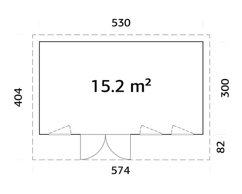 Grundrisszeichnung eines Gartenhauses mit Maßangaben und einer Fläche von 15,2 Quadratmetern