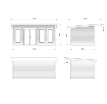 Technische Zeichnung eines Gartenhauses mit Maßangaben.