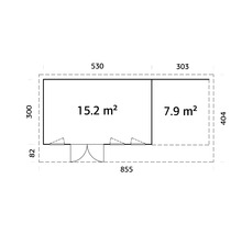 Grundrisszeichnung eines Gartenhauses mit Maßangaben.