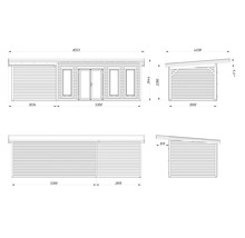 Technische Zeichnung eines Gartenhauses mit Maßen.