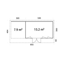 Grundrisszeichnung eines Gartenhauses mit Flächenangaben und Abmessungen