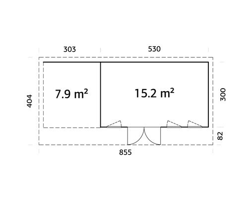 Grundrisszeichnung eines Gartenhauses mit den Maßen 303 mal 404 und 530 mal 300, Raumaufteilung 7.9 Quadratmeter und 15.2 Quadratmeter