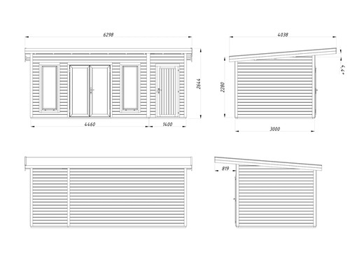 Technische Zeichnung eines Gartenhauses mit Maßangaben