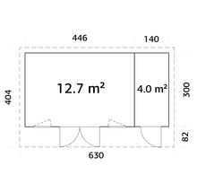 Grundriss eines Gartenhauses mit den Maßen 446 mal 404 und einem Anbau von 140 mal 300, Gesamtfläche 16,7 Quadratmeter