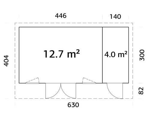 Grundriss eines Gartenhauses mit Größenangaben in Meter und Quadratmeter
