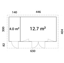 Grundriss eines Gartenhauses mit Größenangaben.
