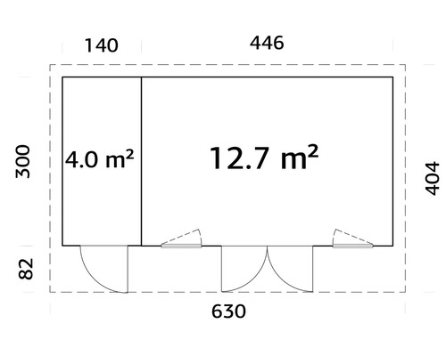 Grundriss eines Gartenhauses mit Größenangaben.