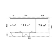 Grundrisszeichnung eines Gartenhauses mit Flächenangaben
