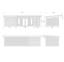 Technische Zeichnung eines Gartenhauses mit Maßangaben