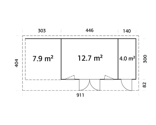 Grundriss eines Gartenhauses mit Flächenangaben in Quadratmetern und Maßangaben in Zentimetern.