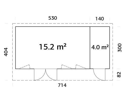 Grundrisszeichnung eines Gartenhauses mit den Maßen 530 x 404 Zentimeter und einer Fläche von 15,2 Quadratmetern