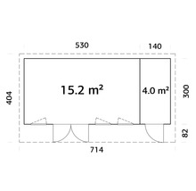 Grundriss eines Gartenhauses mit Flächenangaben in Quadratmetern
