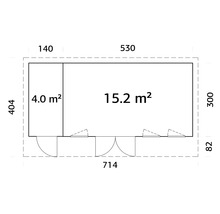 Grundriss eines Gartenhauses mit den Maßen 714 x 404 cm und einer Fläche von 15,2 m² sowie einem Anbau von 4,0 m²