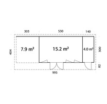 Grundriss mit den Maßen 303, 530, 140, 404, 300, 82 und 995 sowie den Flächen 7.9 m2, 15.2 m2 und 4.0 m2.