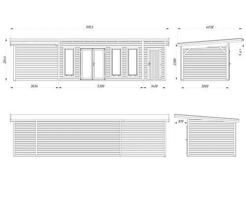 Technische Zeichnung eines Gartenhauses mit Maßen