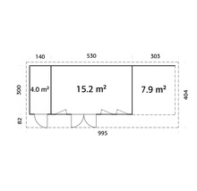 Grundrisszeichnung eines Gartenhauses mit Abmessungen