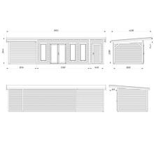 Technische Zeichnung eines Holzgartenhauses mit Maßangaben