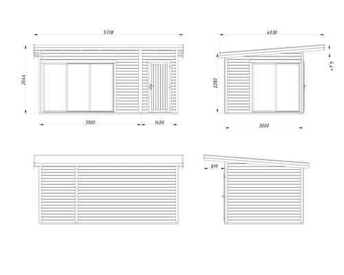 Zeichnung eines Gartenhauses mit Maßangaben