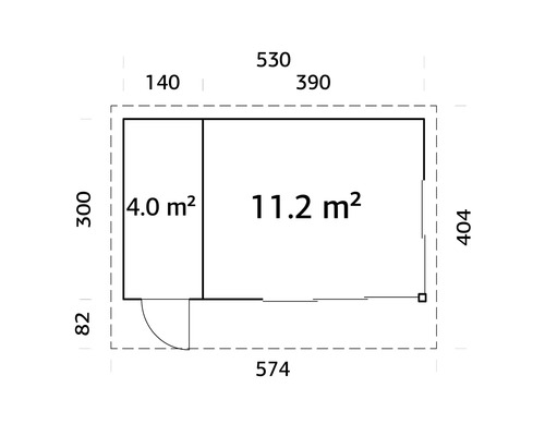 Grundrisszeichnung eines Gartenhauses mit Flächenangaben in Quadratmetern und Maßangaben in Zentimetern