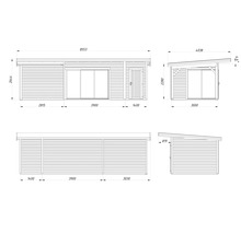 Zeichnung eines Gartenhauses mit Abmessungen