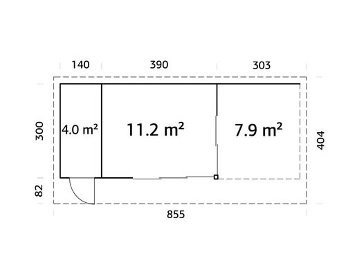 Grundrisszeichnung mit Abmessungen eines Gartenhauses