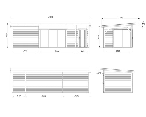 Technische Zeichnung eines Gartenhauses mit Maßen.