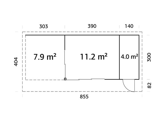 Grundrisszeichnung eines Gartenhauses mit Flächenangaben in Quadratmetern und Maßangaben in Zentimetern