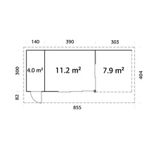 Grundriss eines Gartenhauses mit Flächenangaben in Quadratmetern und Maßangaben in Zentimetern.