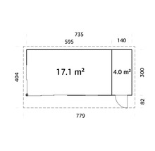 Grundrisszeichnung eines Gartenhauses mit Maßangaben
