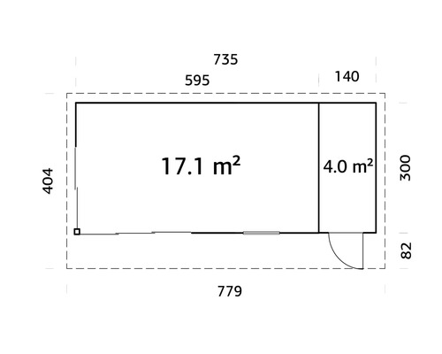 Grundriss eines Gartenhauses mit den Maßen 779 mal 404 Zentimeter und einer Fläche von 17,1 Quadratmetern plus 4,0 Quadratmeter Nebenraum