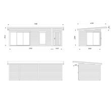 Technische Zeichnung eines Gartenhauses mit Maßen
