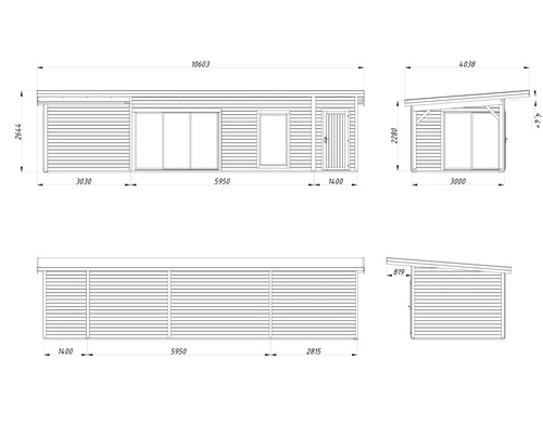 Technische Zeichnung eines Gartenhauses mit Maßen