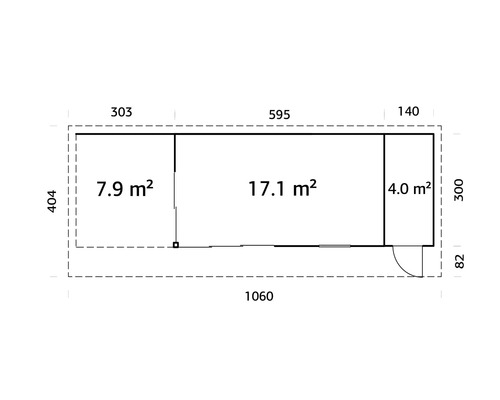 Grundriss eines Gartenhauses mit Flächenangaben in Quadratmetern und Maßangaben in Zentimetern.